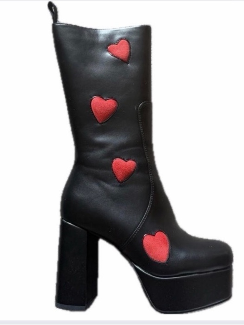 Black Platform Mid-Calf Boots with Red Heart Accents